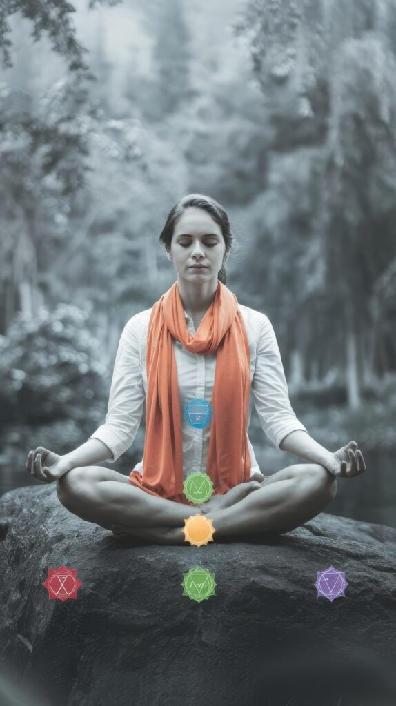 woman lotus pose doing yoga with seven chakras